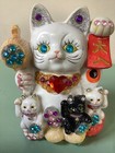 Vintage     Bejeweled Ceramic 6  Maneki Neko   Lucky Cat  With 3 Kittens   vguc 
