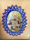 Antique Persian Miniature Painted Abalone Shell With Inlaid Mosaic Woodwork