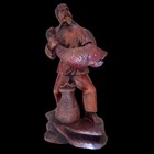 Antique Hand Carved Teak Wood Asian Chinese Fisherman Figurine Statue Glass Eyes