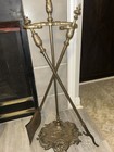 Antique Gold Metal Victorian Fireplace Companion Set W  Stand  Shovel  Poker Set
