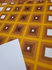 Awesome Rare Vintage Mid Century Retro 70s Gold Brn Wht Geo Squares Fabric  Look