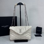 Women s White Quilted Leather Shoulder Bag  Silver Logo Chain Crossbody Handbag