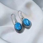 925 Sterling Silver Blue Turquoise Oval Dangle Hook Earrings Handmade