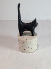 Wooden Tan   Black Spotted Folk Art Cat Trinket Jewelry Box