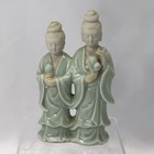 Vtg Porcelain Couple Man Woman Figurine Statue Pale Green Celadon Asian Chinese