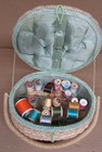 Vintage Sewing Basket Japan Wicker With Handle Oval Blue Satin Interior   Suppli