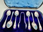 Set Of 6 Antique 1907 Uk Sterling Silver Spoons   Tongs Hallmarks   Original Box
