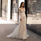 Boho Lace Mermaid Wedding Dresses Long Sleeve V-neck Illusion Back Bridal Gowns