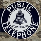 Vintage Bell System Public Telephone Round Enamel Porcelain Flanged Sign 18   