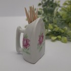 Vintage Mini Porcelain Iron Pink Floral Gold Trim Toothpick Matchstick Holder