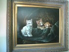 Lrg 19th Century Borofsky Original Oil On Canvas Cats Painting Gilded Wood Frame