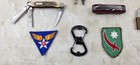 Vintage Junk Drawer Lot Knives Ww2 Military Patches Post Cards   Much More