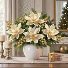 24 Gold Artificial Christmas Poinsettia Flowers   Berries Xmas Decor