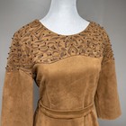 Vintage Faux Suede Camel Colored Beaded Fit   Flare Belted Dress Us 6    Eu 42