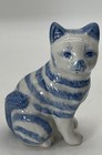 Vintage Porcelain Blue   White Striped 4 3 4 Inch Tabby Cat Kitten Figurine Euc