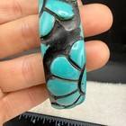 Vintage Bangle Bracelet  Blue Black Carved Resin Floral Brass 8 5