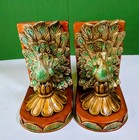 Vtg Pair Of Dancing Peacock Bookends  Hard Resin  Multicolor  Mcm - 7  Tal