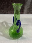 Vtg Hand Blown Art Glass Green Bud Vase W  Applied Cobalt Blue Handles