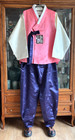 Men s Korean Traditional Silk Hanbok Set-coral Vest ivory Top  deep Purple Pants