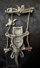 Vintage Jj Jonette Jewelry Pewter Cat On A Swing With Birds Pin Brooch Signed