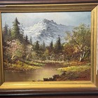 Vintage Mountain Landscape Oil Painting Signed Chapman Trees River Framed 14x12