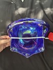 Vintage Iridescent Cobalt Blue Carnival Glass Sunburst Basket Le L e  Smith