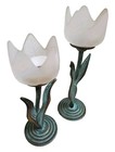 2x Pier 1    Frosted Glass Tulip Votive Candle Holders Set Green Brass Floral 7 