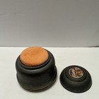 Vintage Metal Musical Powder Box Works W puff Victorian Courting Scene 4    Tall
