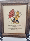 Vintage Handmade Cross Stitch Framed Wall Art Child Dog Umbrella Quote 6x7