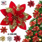 10pcs Glitter Christmas Poinsettia Hanging Flowers Xmas Party Tree Decoration Us