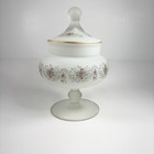 Vintage White Frosted Glass Jar With Lid Floral Design Pedestal Vanity Dresser
