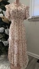 Cream Pink Floral Maxi Dress V-neck Flutter Short Sleeve Ruffle Chiffon L