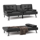 Futon Sofa Bed Convertible Folding Faux Leather Couch With 2 Cup Holders black
