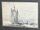 1885 Original Pen   Ink Framed Drawing Sailing Ship Sailboats Signed Ed Crum  