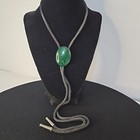 Vintage Bolo Tie Large Faux Oval Malachite Stone Silver Tips On Rawhide 38  Cord
