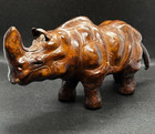 Antique Brown Leather Wrapped Rhinoceros Figure Mid-century Glass Eyes 7 