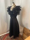 1970s Vintage Black Goth Party Dress Huge Sheer Ruffles Neckline Wednesday S