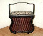 Vintage Ornate Wicker   Wood Sewing Basket With Padded Palm Tree Top And Handle