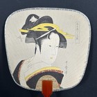 Vintage Japanese Paper Unchiwa Geisha Flat Paper Paddle Fan W Bamboo Handle