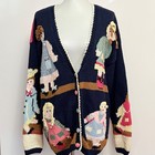 Vintage Cardigan Xl Navy Blue Novelty Rag Doll Applique 90s Grandmacore Knit