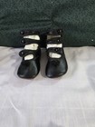 Vintage Black Leather Child   Doll Shoes     3 Strap Button Style     Antique Displa