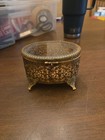 Vintage Ornate Ormolu Filigree Gold Tone Beveled Glass Jewelry Trinket Box 