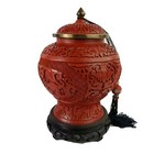 Chinese Cinnabar Lacquer Hand Carved Vase Blue Enamel With Ginger Jewels