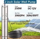 3   Solar Deep Well Pump Dc 12v  Water Pump 396gph Stainless Steel Submersible