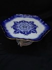 Vintage Bombay Cake Stand 11  Plate 5  Tall Blue White Floral Scalloped Edge