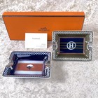 Hermes Paris Mini Ashtray Set Of 2 Porcelain Change Tray Platinum Rim With Case