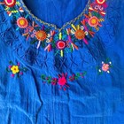 Vintage Blue Mexican Huipil Cotton Top Dress Blouse Size M Women Embroidered 