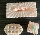 Vintage 1950 s 3 Pc Pink Plastic Vanity Set  Box Pump Lipstick Holder Menda Usa