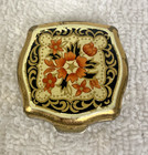 Vintage Stratton Red Orange Black Floral Filigree Gold Tone Pill Trinket Box