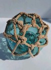 Vtg  Aqua Green Blue Hand Blown Glass Fishing Net Float Buoy Ball With Rope 3 5 